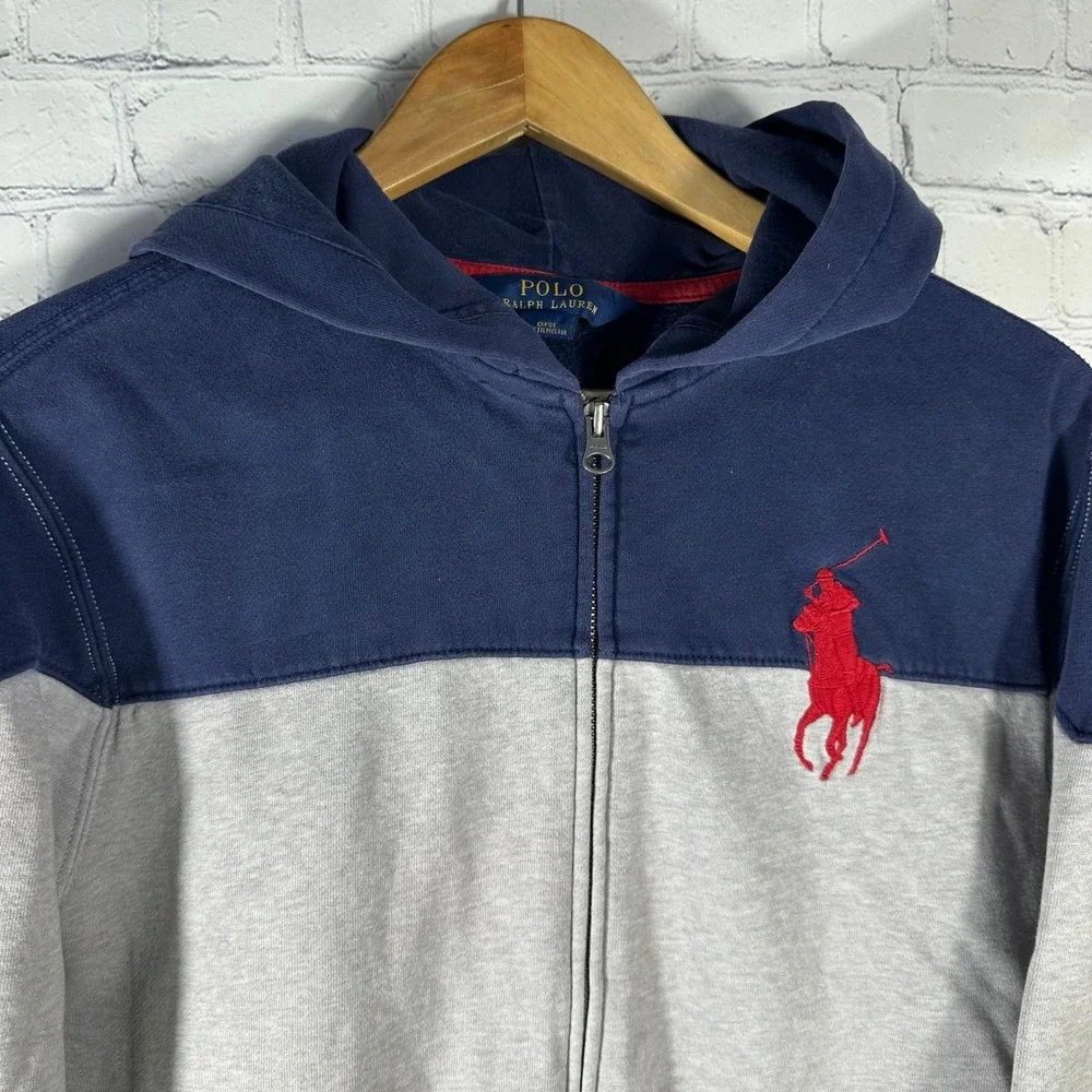 Polo Ralph Lauren Kids Navy Gray Colorblock Big Pony Zip Hoodie Size‎ XL 18-20